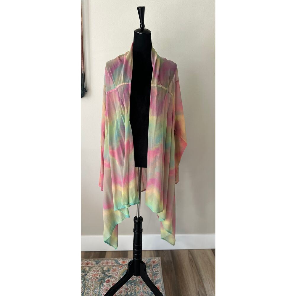 BRYN WALKER Sheer Rainbow Tie Dye Kimono Wrap Top One Size